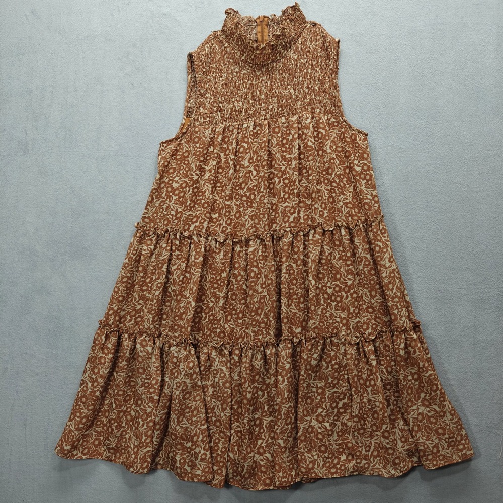 Brown Floral Cottagecore Dress Womens Medium Tiered Mock Neck Country Western‎